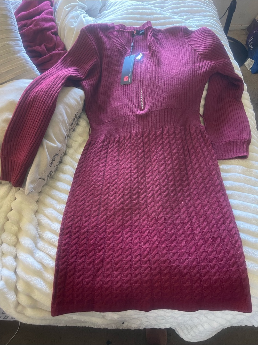 Ribbed Cable-Knit Midi Dress in Wine Red